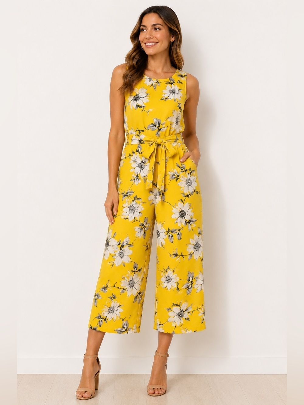 Luxology Yellow Floral Cropped Wide Leg Jumpsuit Tie Waist Size 10